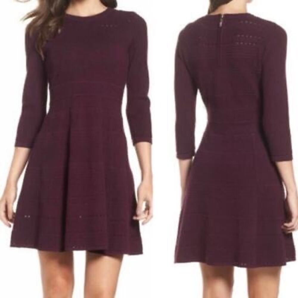 Eliza J Women's Wine Sweater Dress With Cutwork 3/4 Sleeve Fit & Flare Size L